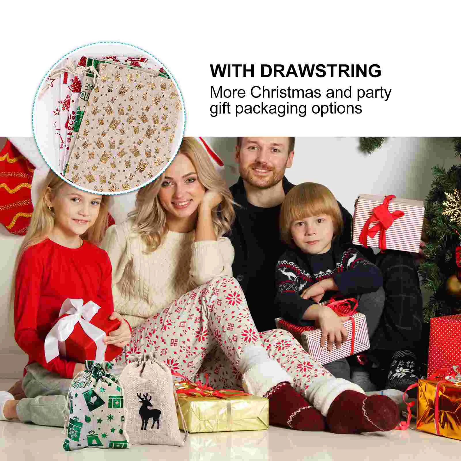 10 ชิ้น Xmas นําเสนอถุงคริสต์มาสผ้าฝ้ายกระสอบของขวัญ Candy กระเป๋า Drawstring Party Favor