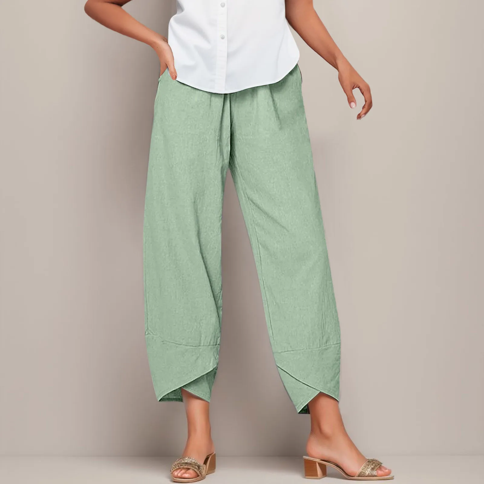 Pantalones holgados de cintura alta para mujer, pantalón de bolsillo, sólido, elástico, informal, a la moda, nueve minutos