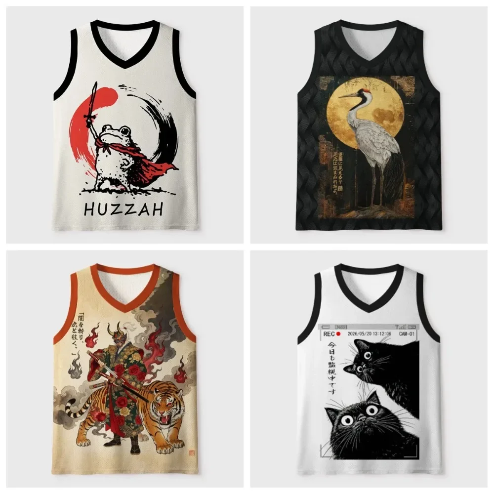 Summer New Japanese Frog Samurai 3D Printed V-Neck Men's Large-Sized Vest Trendy Outdoor Casual Breathable Quick-Dry Sports Vest