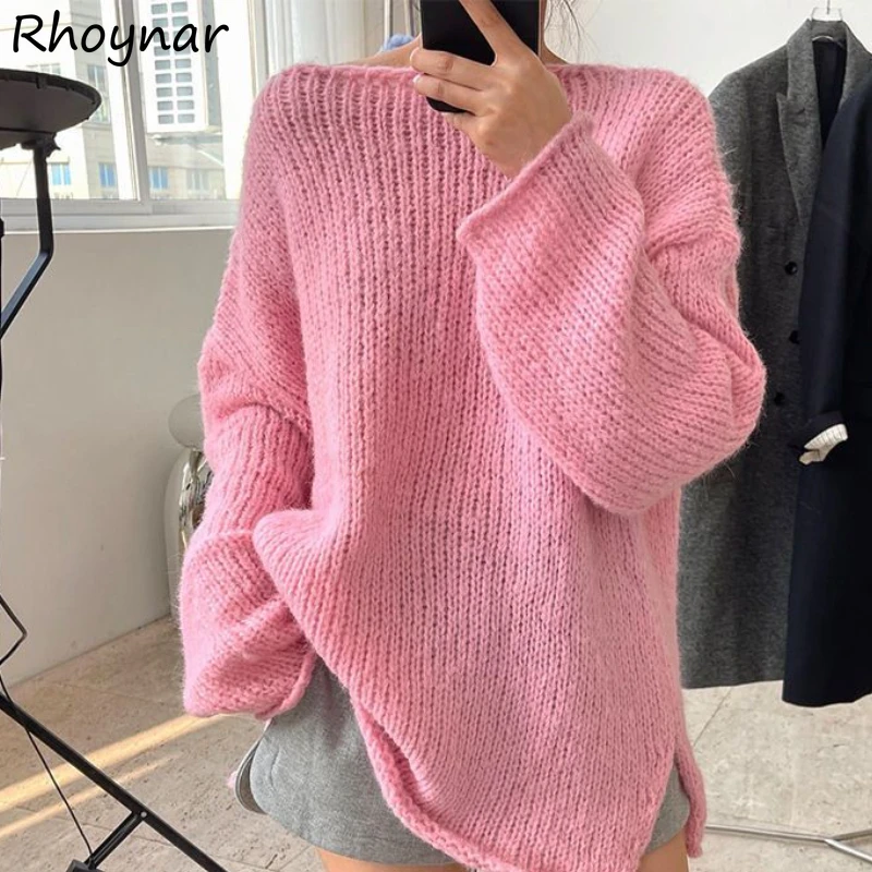 

Pullovers Sweater Women Clothing Solid Side-slit Temperament Autumn Baggy Streetwear Harajuku All-match Lady Lazy Style Mature