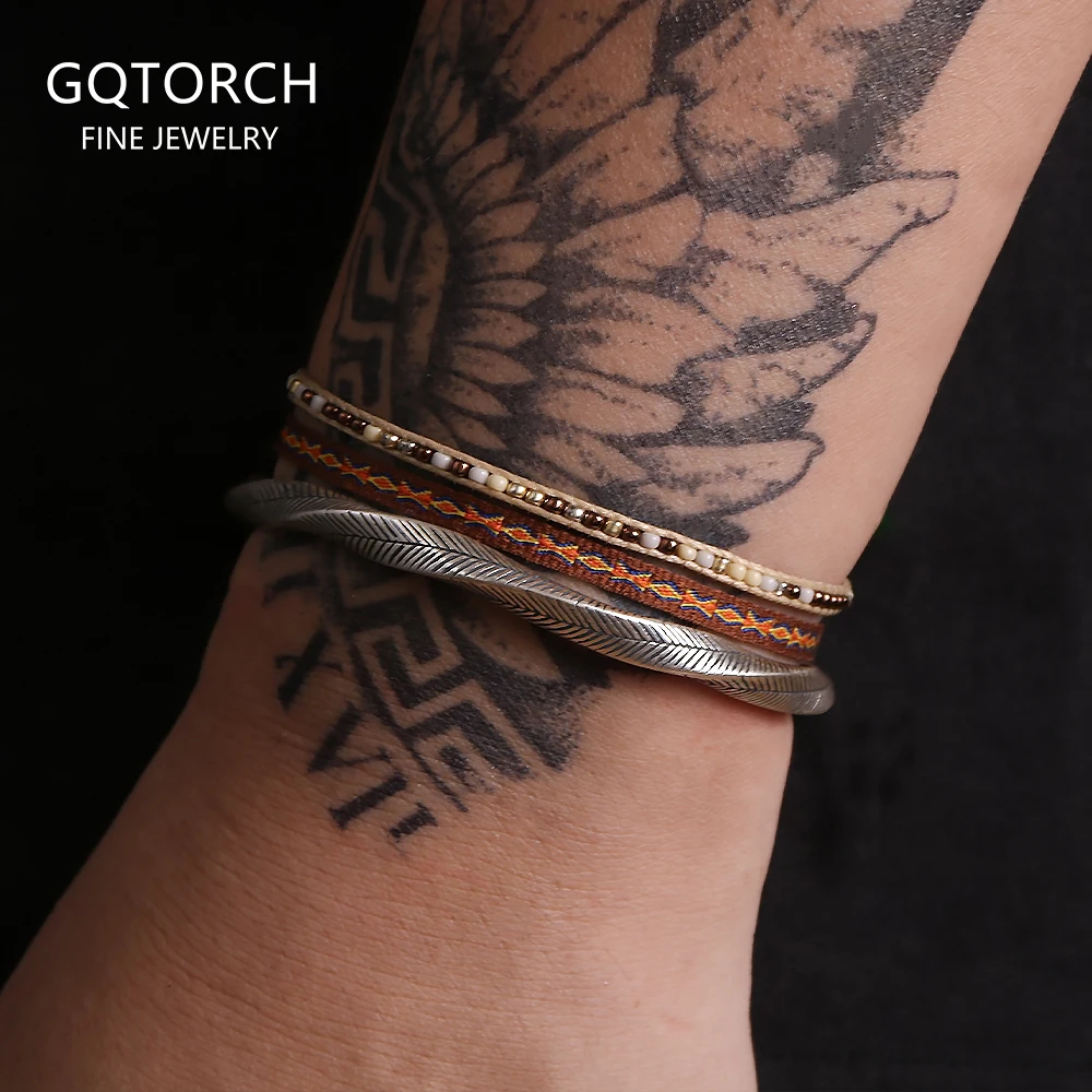 

3pcs/set 999 Pure Silver Leaf Twisted Open Bangle Hand-woven Small Beads Knot Bracelet Set Adjustable Bohemian Retro Jewelry