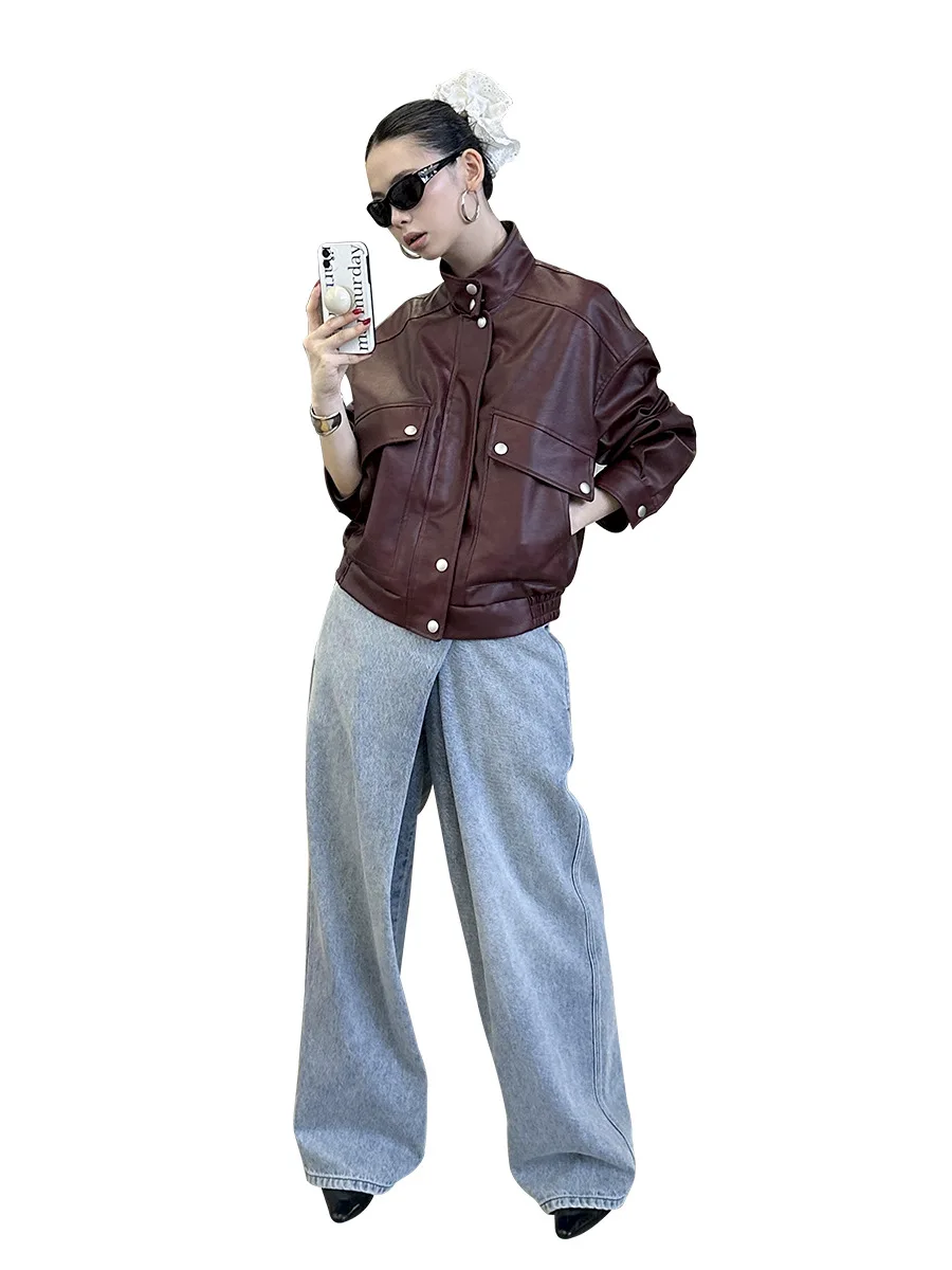 Sli Streetwear الأمريكية الرجعية Waed الوقوف طوق Jaet دراجة نارية Sle ort معطف جلد f عالية الياقة 24W367
