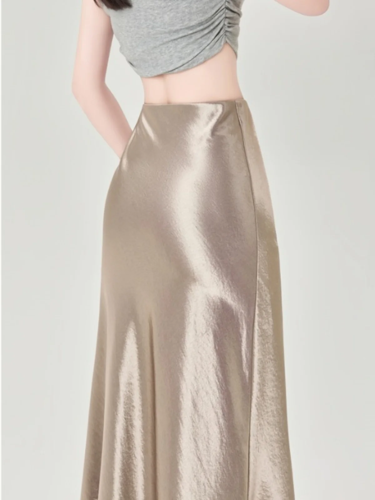 

Ацетатная атласная юбка-«рыбий хвост» макси, женская, с высокой талией, драпированная, А-силуэт, прикрывающая бедра, весна-лето, модная, для офиса