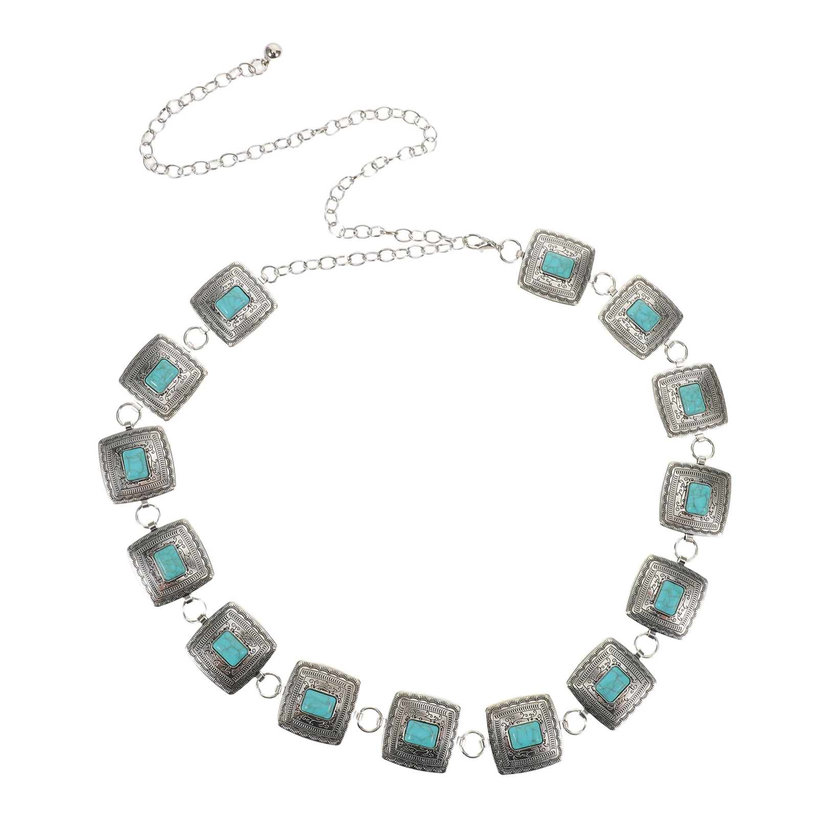 

Retro Waist Chain Square Metal Belt Green Turquoise Body Jewelry for Women Miss