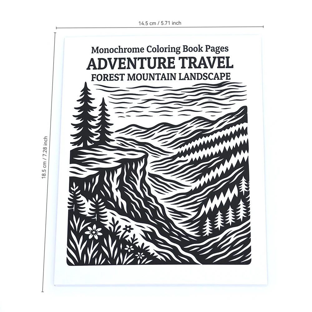 30 Sheets of A5 Paper Monochrome Adventure Travel Coloring Book One Color Art Pages Forest Mountain Landscape Designs with Dot M