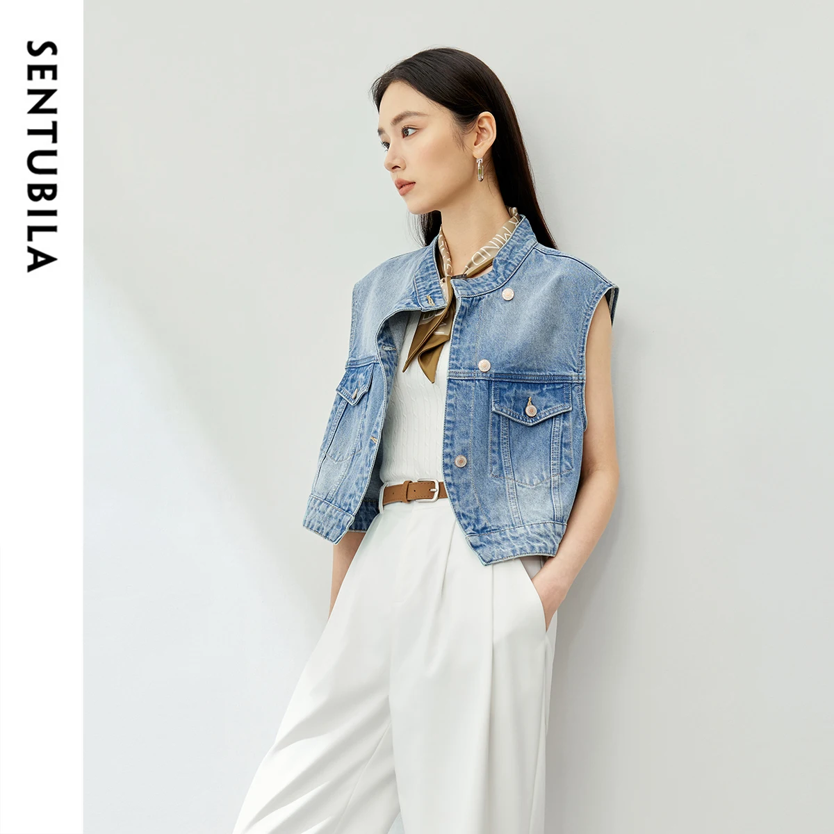 SENTUBILA Denim Vest V-neck Waistcoat 100% Cotton Single-Breasted for Women Clothing Sleeveless Jackets Woman Clothes W41J53843