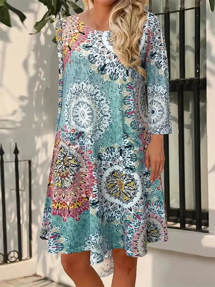 European-Border Light Holiday Style Knitted Printed round Neck Large Pocket 3/4 Sleeve Short Dress Spring and Summer Women