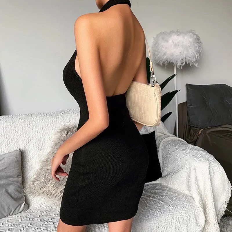 BIG PROMOTION   Summer New Style Sleeveless Open Back Slim Fit Wrap Hip Short Dress with Hanging Collar