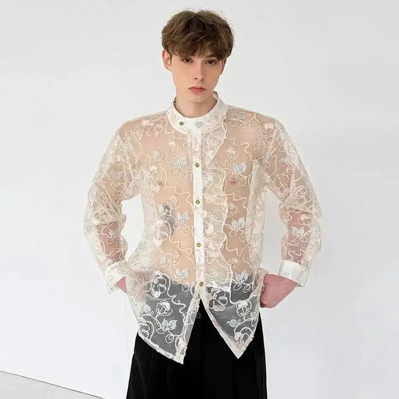 LUZHEN Long 2026 Summer Personalized Sexy Perspective Embroidery Pattern Sleeve Shirts Men's Fashion Elegant Casual Tops JY7569