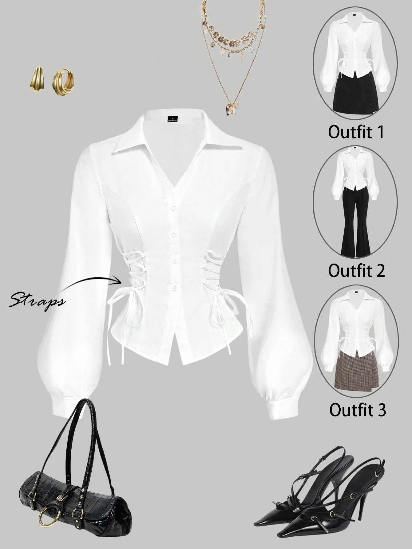 

Women's White Lantern Sleeve Tie-Waist Blouse Elegant Office Casual Shirt