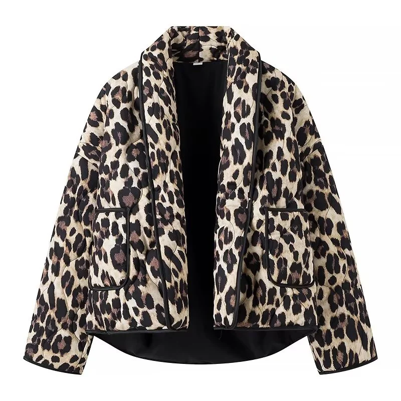 Moda damska luźna panterka bawełniana kurtka jesienna zima damska Oversized Print ciepłe kurtki damskie główna ulica odzież wierzchnia