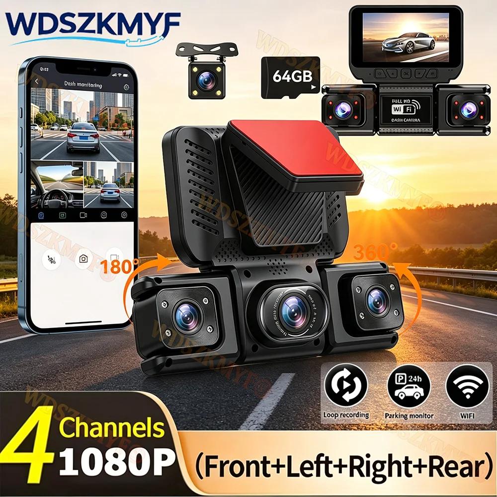 360° 4CH Car Dash Camera 1080P Full HD Car DVR 24H Parking Monitor 4way Front Rear Interior With Rear View camea Night Vision
