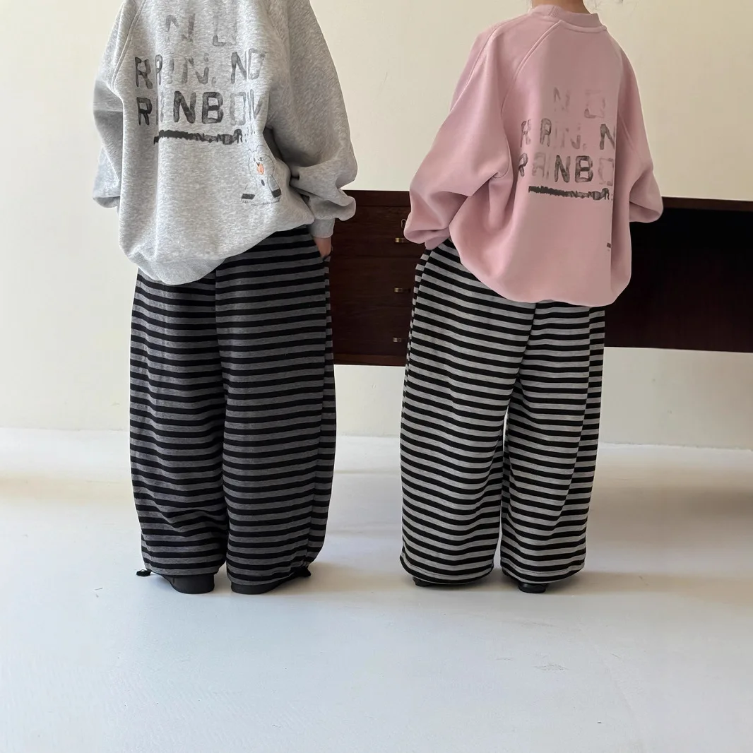 Kids Stripe Pants Boys Girls Korean Style Wide Leg Joggers Toddler Casual Straight Leg Trousers Elastic Waist Children Clothing