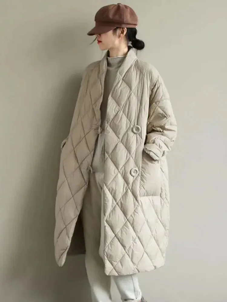 Oversized Loose Down Cotton Jacket Plaid Stand Collar Padded Coat  Vintage Midi Length Abrigos Winter Lightweight Casual Casaco