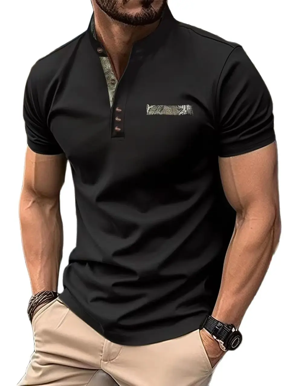 Men 10%cotton Henley casual fashionable breathable retro top with boat neck retro style forspring summer high-quality commercial