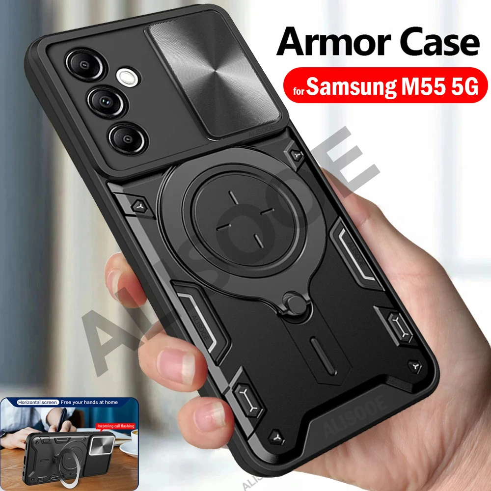 Funda for Samsung Galaxy M55 5G Case Slide Camera Ring Stand Cover for Galaxy M55 SM-M556B, SM-M556B/DS Shockproof Capa