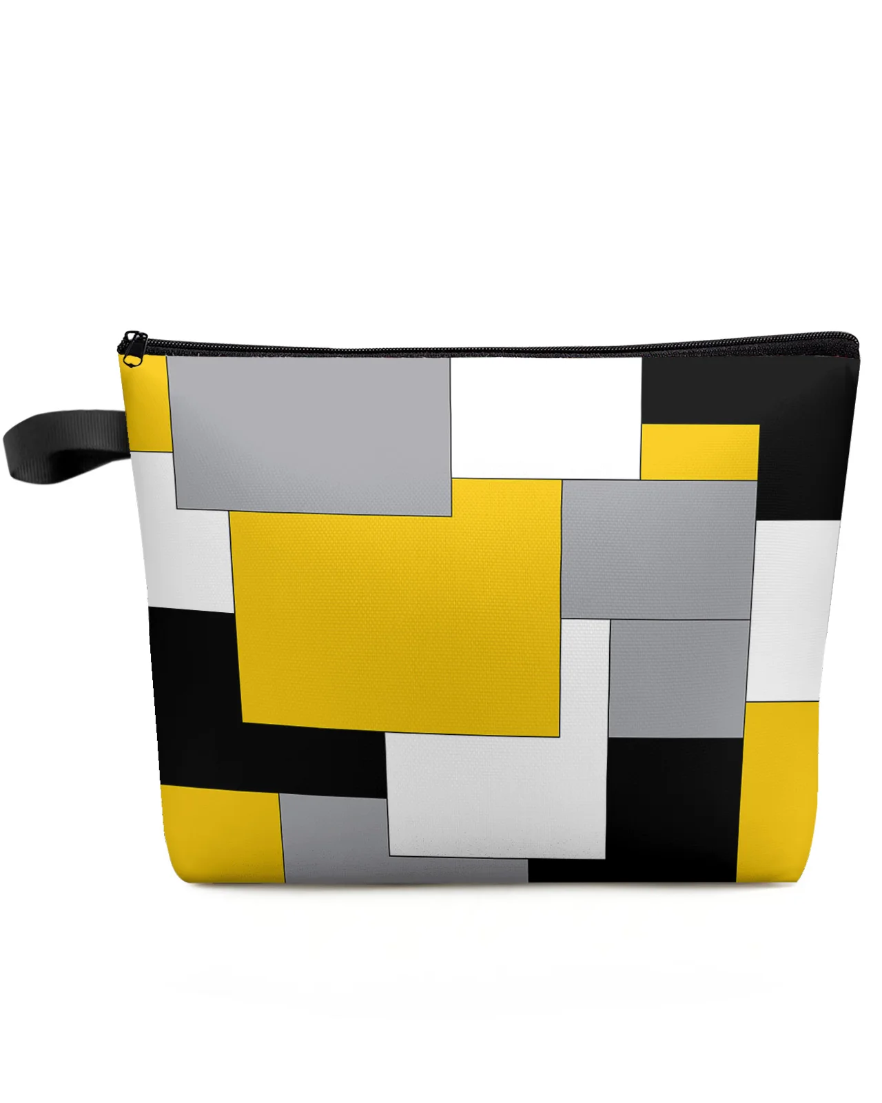 Yellow Grey Black Patchwork Abstract Art Medieval Style Cosmetic Bag Portable Makeup Storage Pouch Women Waterproof Pencil Case