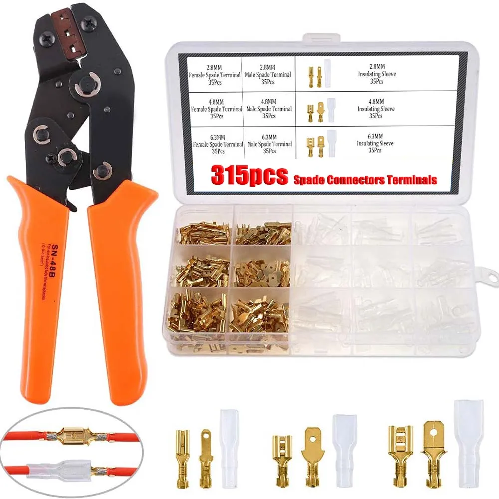 

315Pcs 2.8mm 4.8mm 6.3mm Insulated Female/Male Spade Electrical Terminals Connectors Kit SN-58 Wire Terminal Crimping Pliers