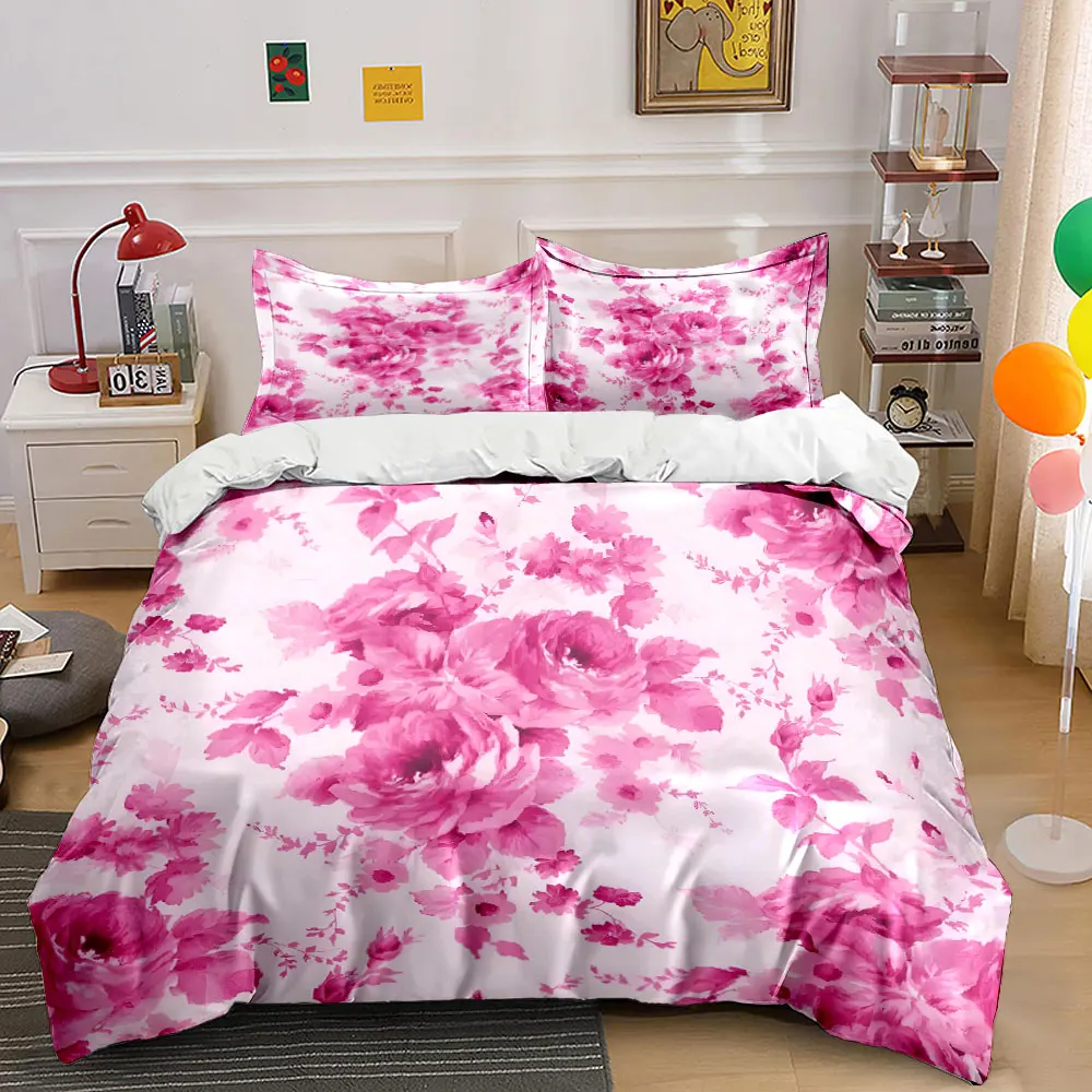 Pink rose floral pattern background Duvet Cover Set Digital Print Colorful Polyester Bedding with Zipper Closur for kids gifts