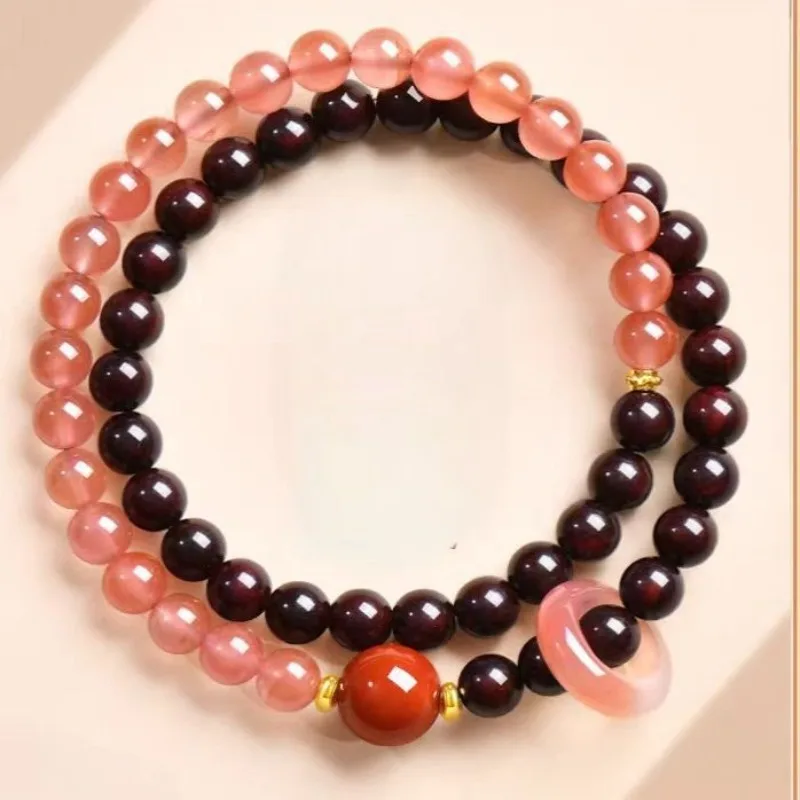 Traditional Chinese Style Lucky 6mm Small Leaf Red Sandalwood Double Layer Bracelet For Women South Red Agate Blessing Fortune