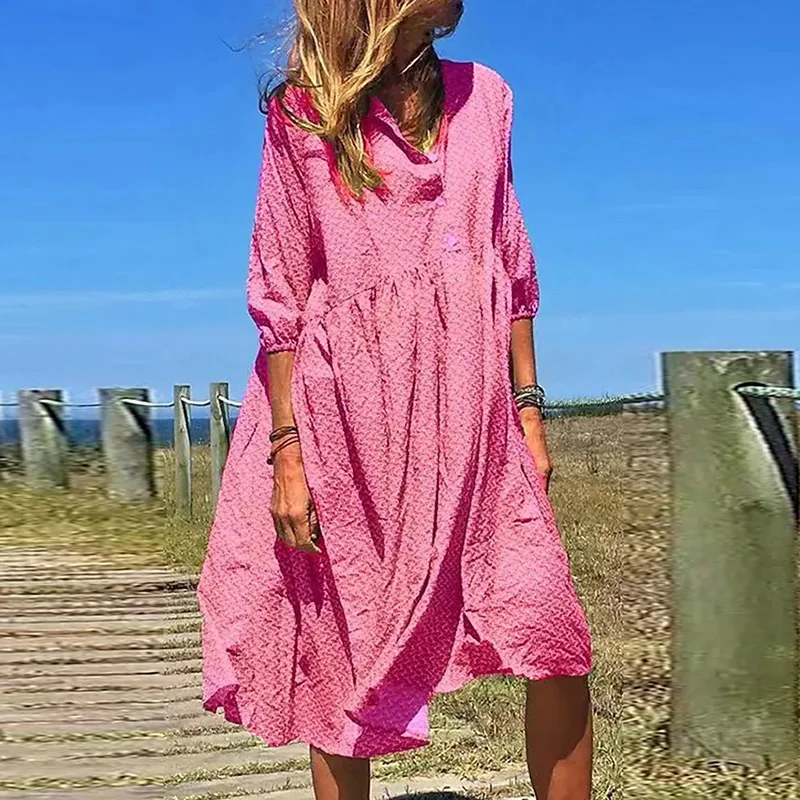 Vestido de praia com decote em v monocromático feminino, Roupa feminina, Meia manga, Solto, Vestidos vintage, Casual, Feriado, Verão, Feriado, Vintage, 2023