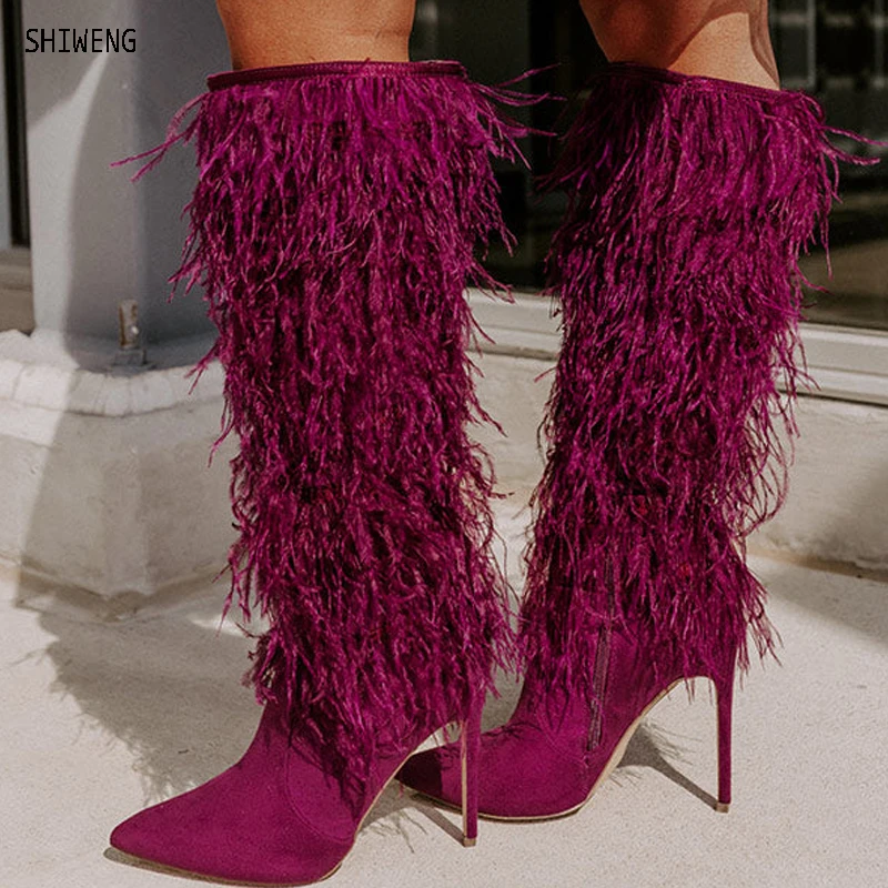 2024 Fluffy Furry High Heel Boots Pointed Toe Leather Stiletto Knee High Boots Women Long Boots New Zapatos Para Mujere 44