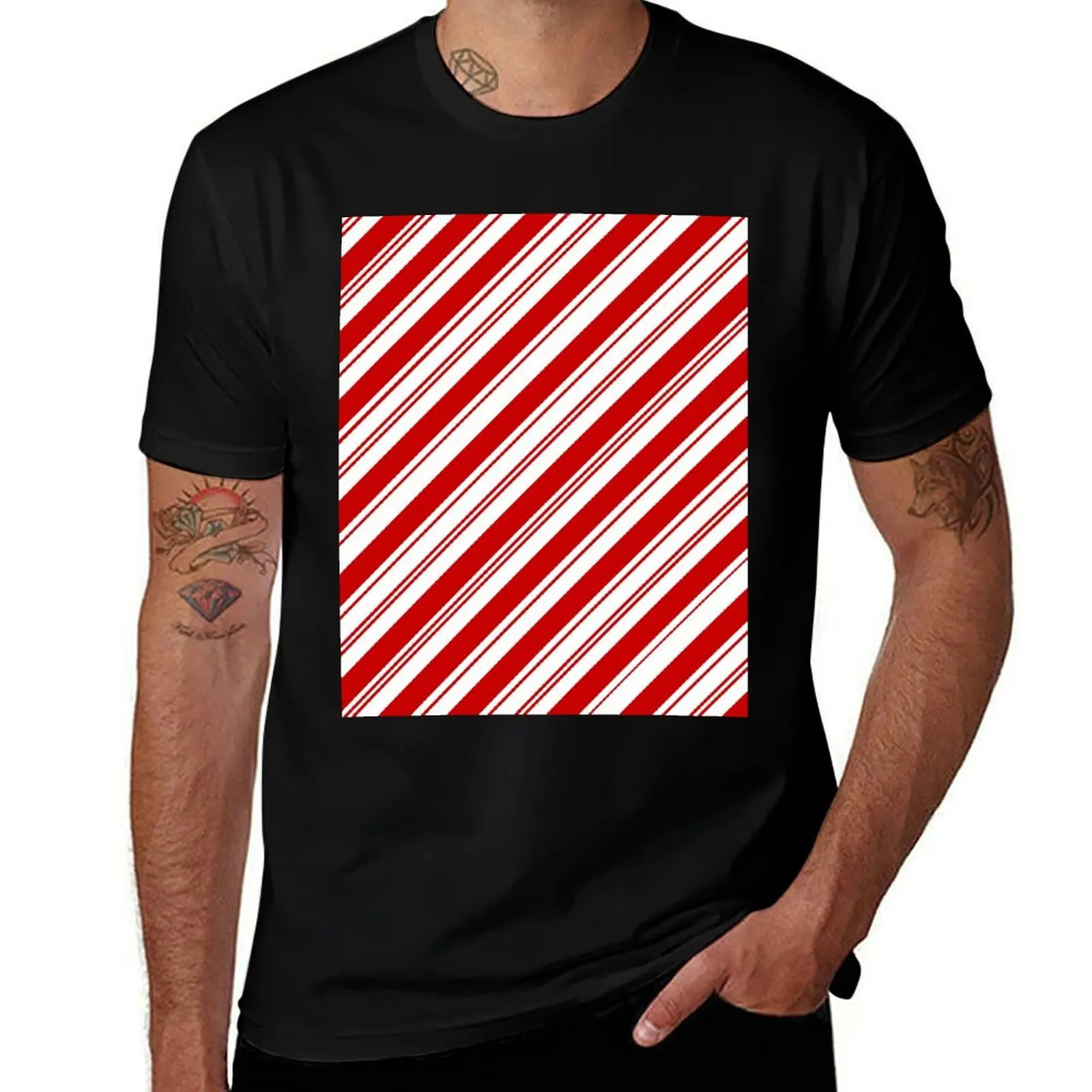 Camiseta de hombre con estampado de bastón de caramelo navideño rojo y blanco de los años 80, camiseta de algodón 100%