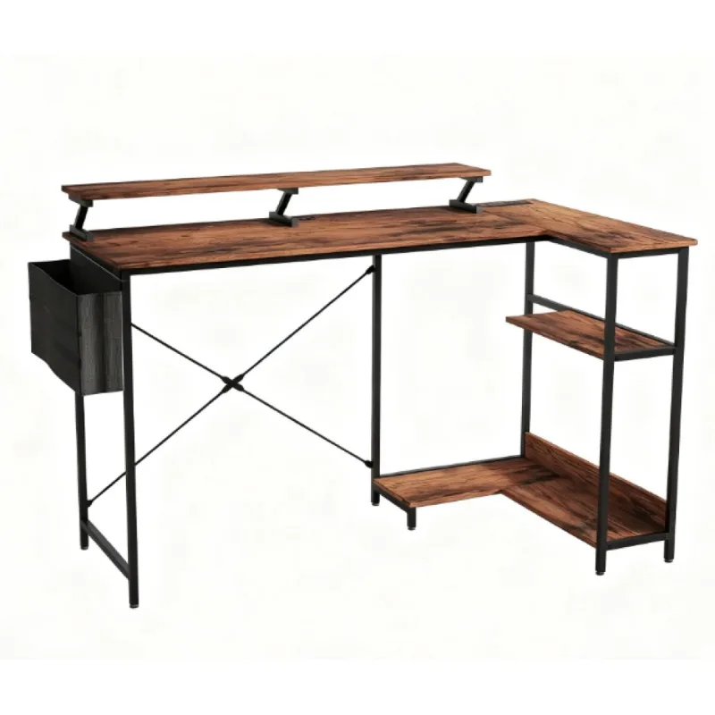 Mesa de canto reversível em forma de L, mesa de computador com suporte para monitor, tomadas de energia embutidas, luzes LED para escritório doméstico