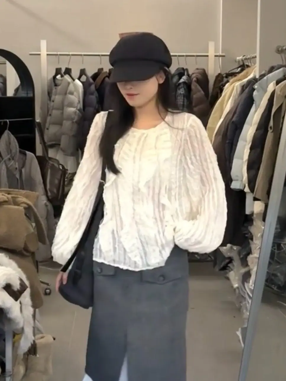 

Korean Sle Long Sve Lace Blouse Women's Spring New Loose Top Inner Wear Beautiful Pleated irt Girl's Commute Sle