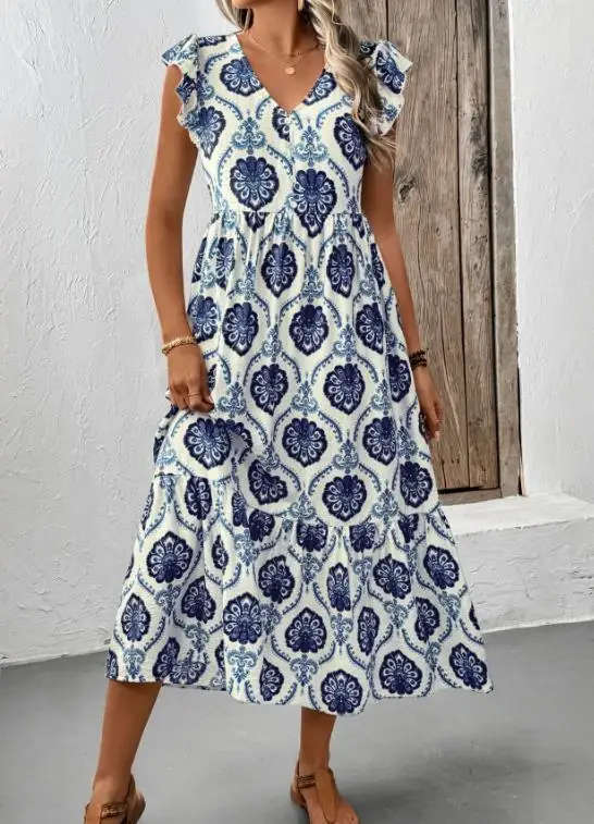 

Summer New French Vacation Style Loose Deep V-Neck Printed Long Dress