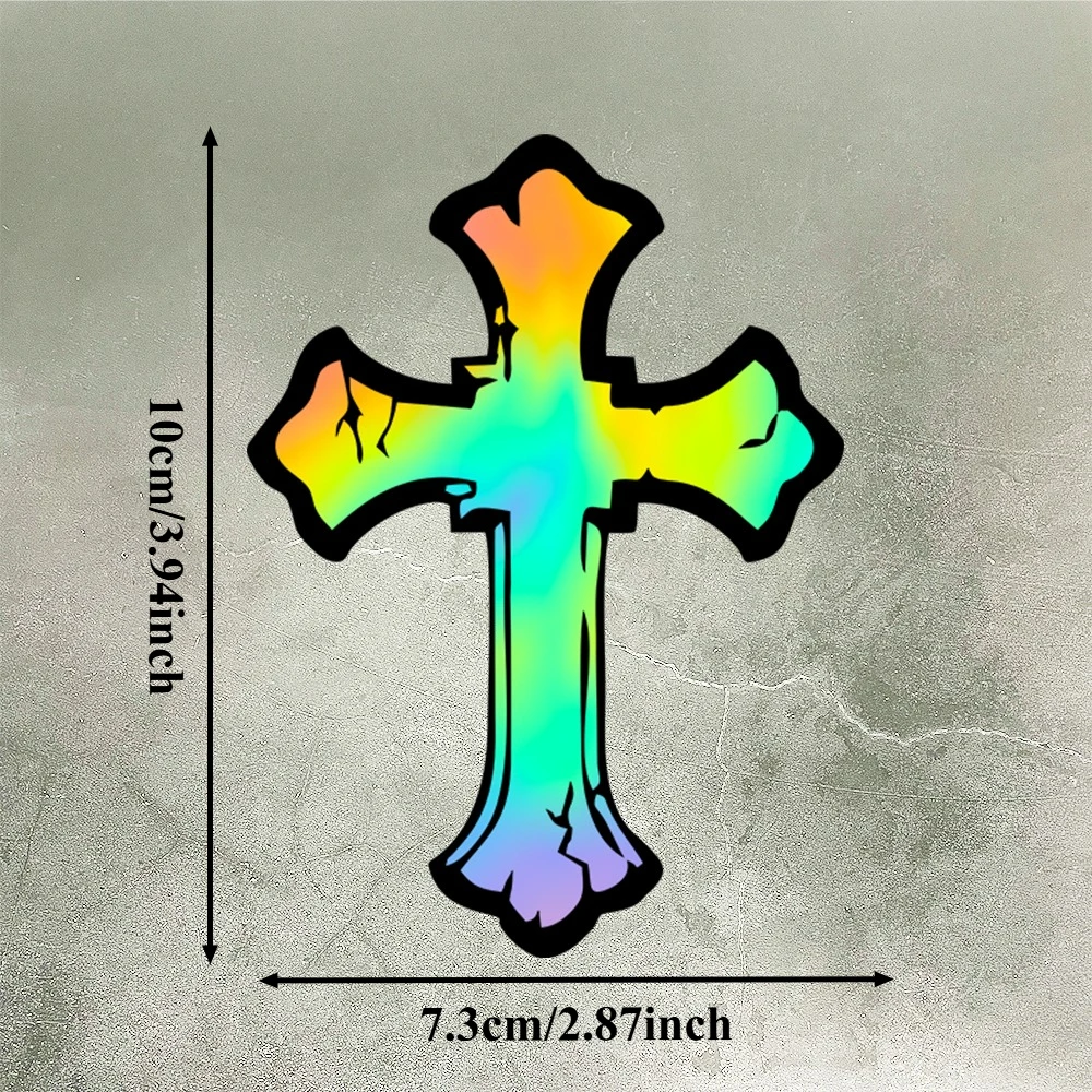 2Pcs Cracked Gothic Cross Stickers, Holographic Gradient Vinyl Decals for Helmet, Fuel Tank, Car Window & Laptop