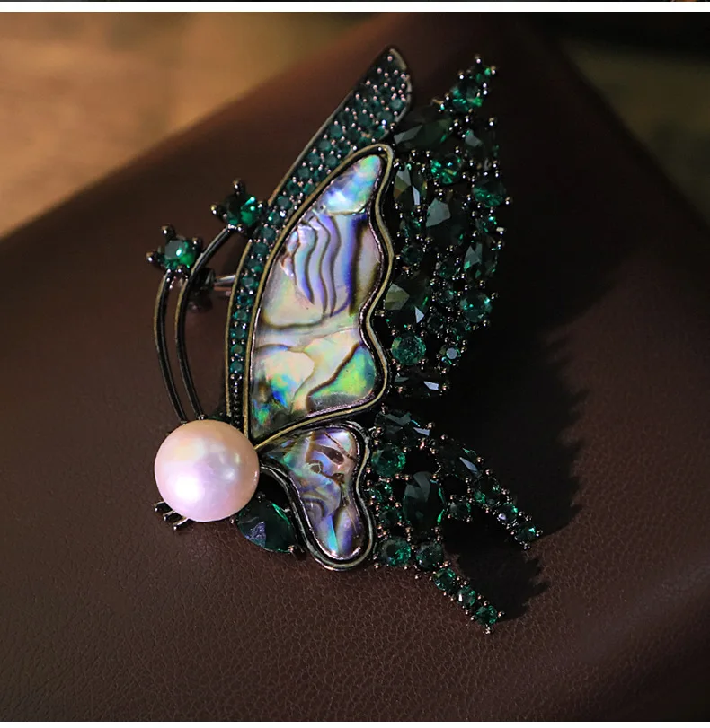 

Abalone & Pearl Butterfly Brooch, Green Zircon Vintage Design, Luxury Retro Pin