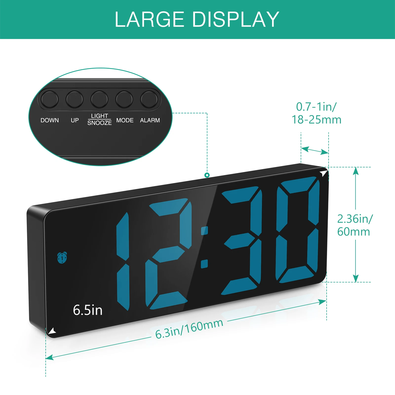 ORIA Digital Alarm Clock 6.3" Large LED Display Bedside Clock with Dual Power Supply DST Snooze