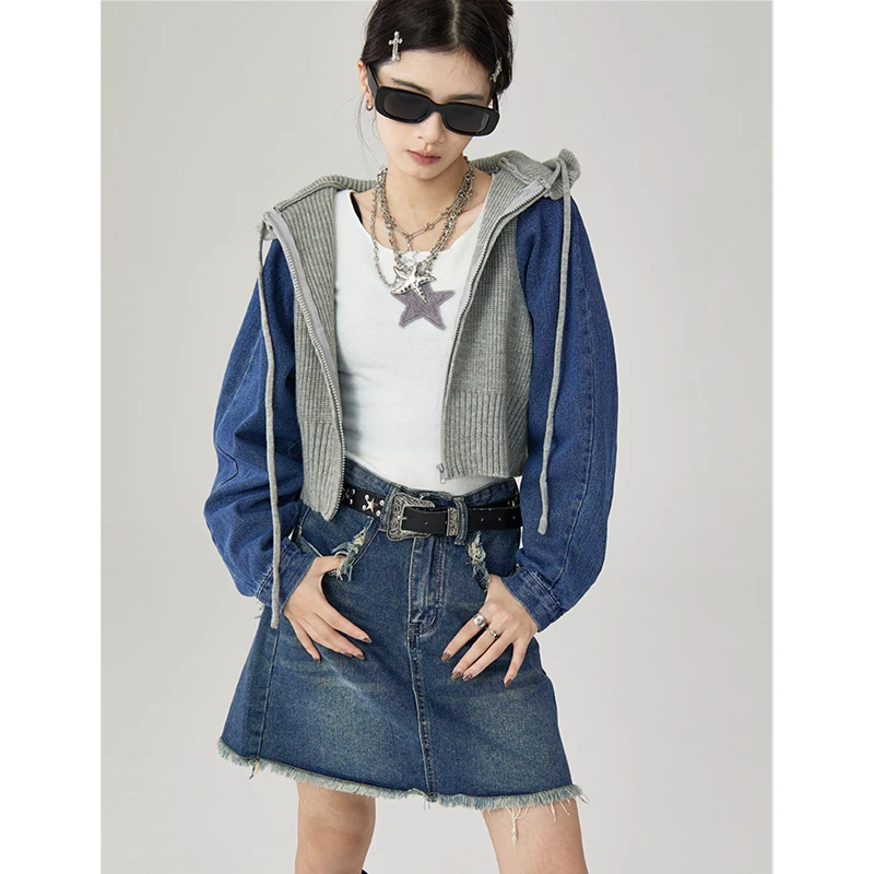 

Women Navy Blue Denim Jacket Drawstring Hooded Outwear Contrast Color Splicing Fashion Vintage Leisure Winter Short Coat Tops