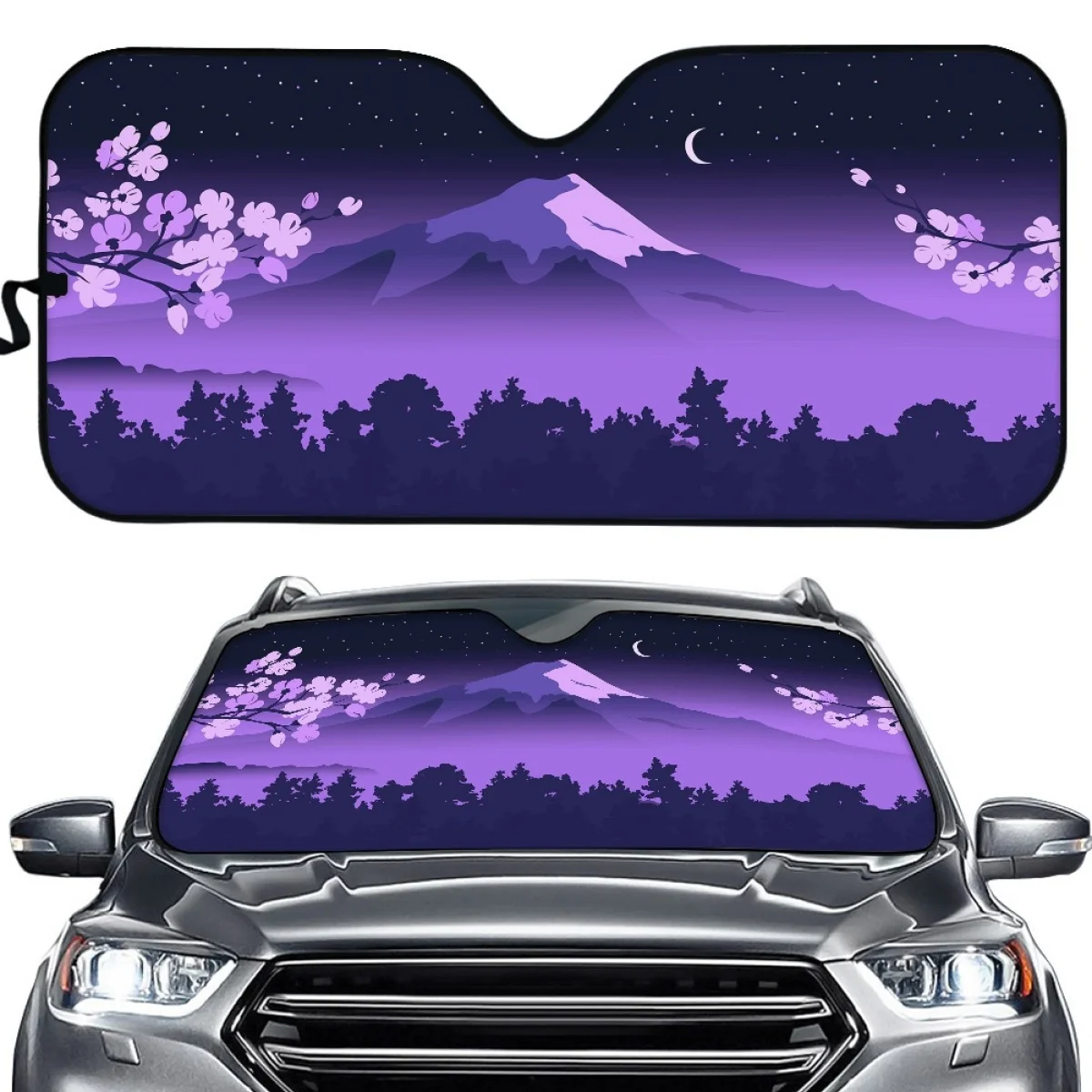 

Cherry Blossoms and Mountains Pattern Car Windshield Sun Shade Foldable Auto Sun Visor Wear Resistant UV Protection Fit SUV Gift