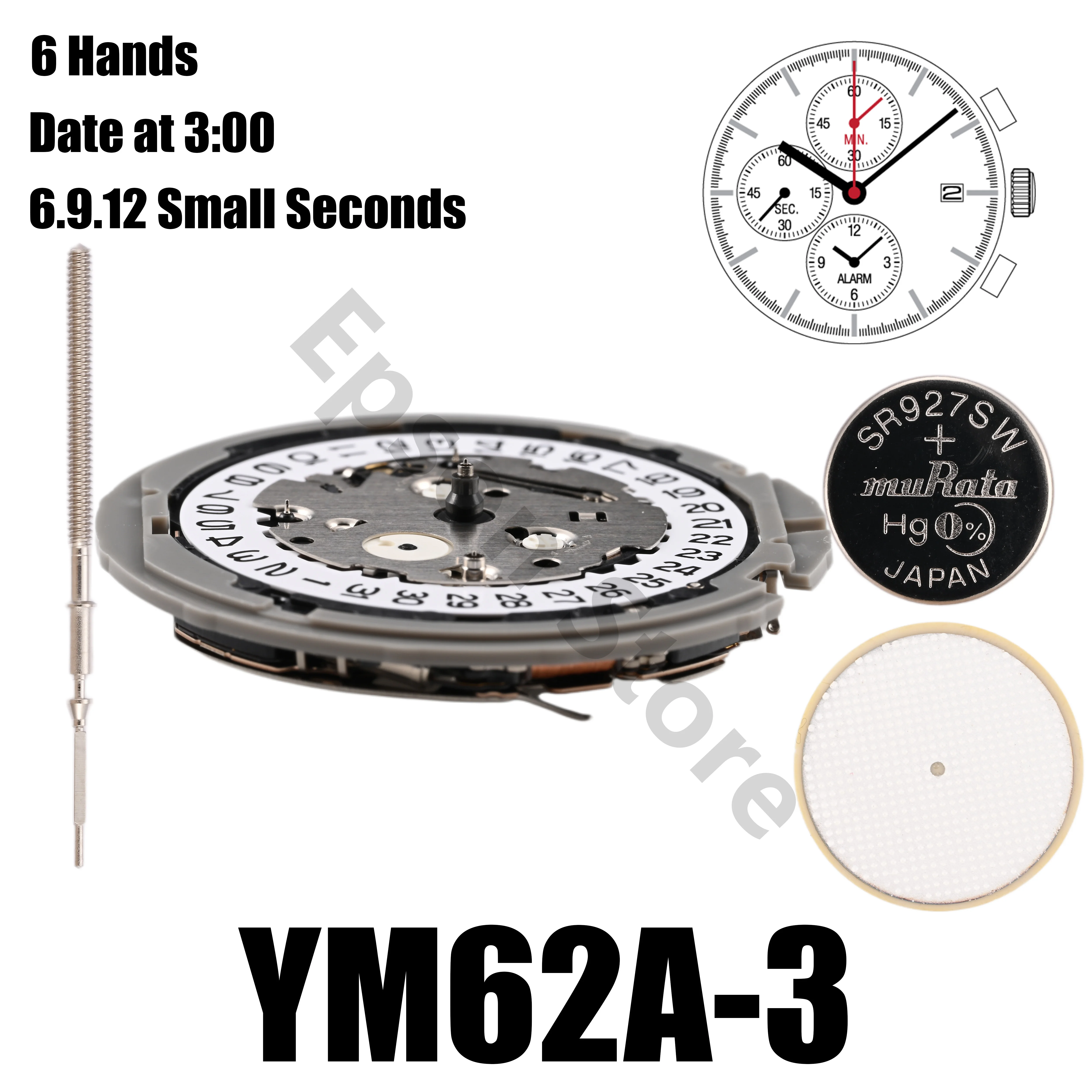 YM62 Movement YM62A Movement YM Series YM62A-3 Quartz Movement Size:12'''6 Hands 6.9.12 Small Seconds /date display at 3:00