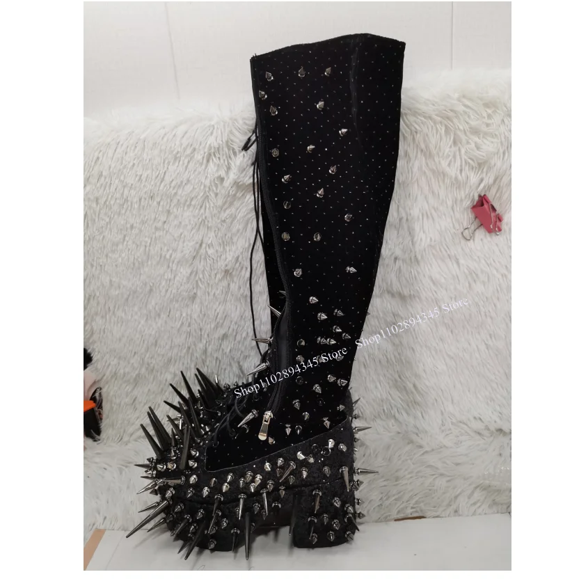 

Black Diamond Rivet Lace Up Boots Chunky Heel Sexy Fashionable Cool Winter Casual Big Size Woman Shoes Zapatillas Mujer
