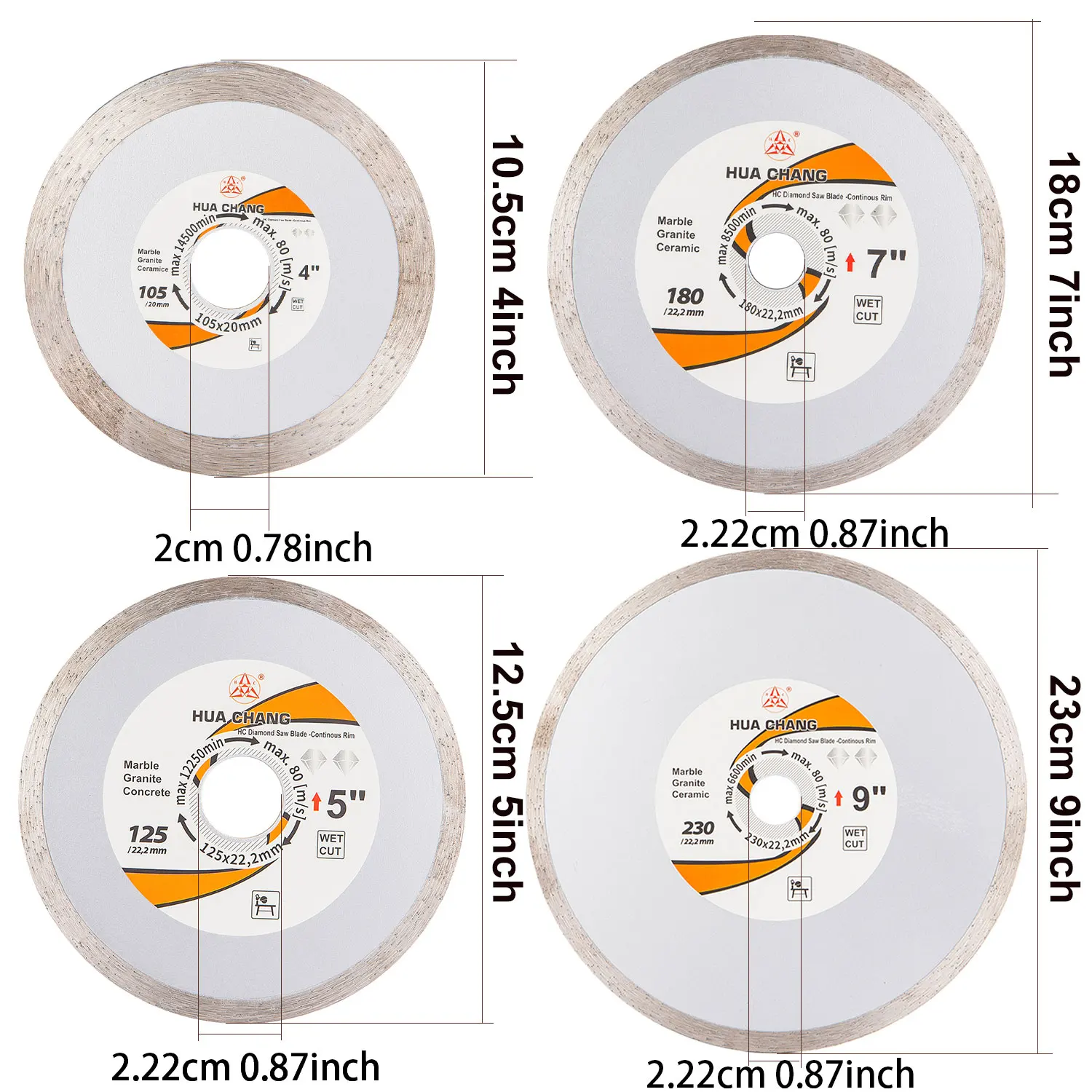 HUA CHANG 4/5/7/9 Inch *20/22.23mm Diamond Saw Blade Continuou Cold Pressing Cutting Disc Circular Blade Marble Concrete Granite