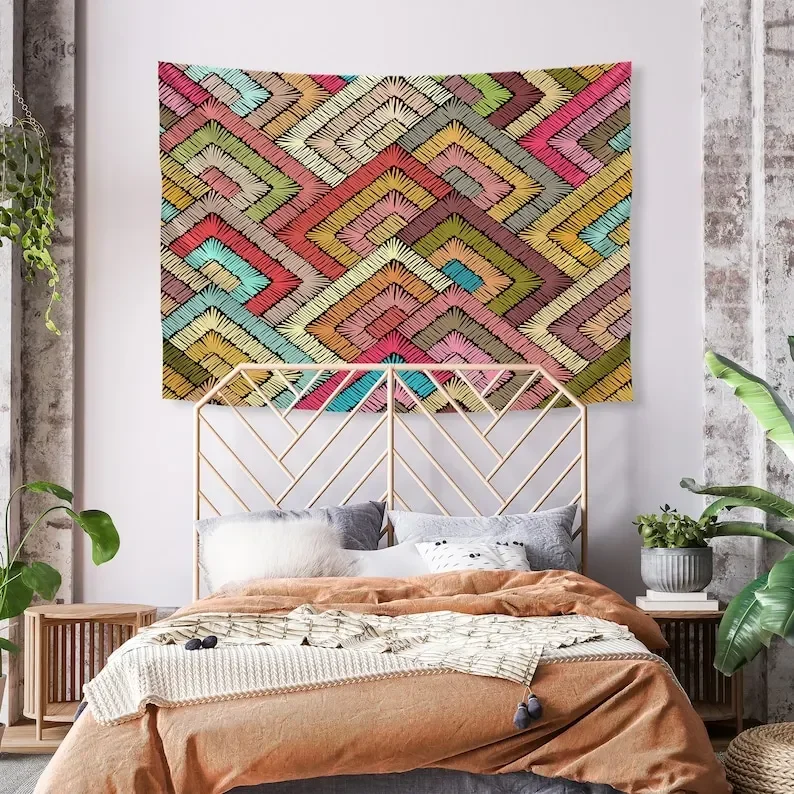 Pro-Graphx Tapestry Embroidery Pattern Diamond - Boho Wall Hanging Design Large Landscape for Living Room, Bedroom Tapestry