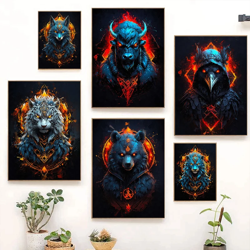 Vintage Wild Animal belief Wolf Bear Fox Landscape Dark Gothic Art Poster Canvas Painting Wall art Print Picture Room Home De