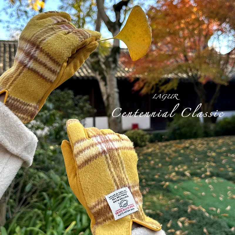 2024, японские зимние теплые перчатки для вождения с сенсорным экраном, женские твидовые перчатки в клетку в стиле ретро, спортивные велосипедные варежки