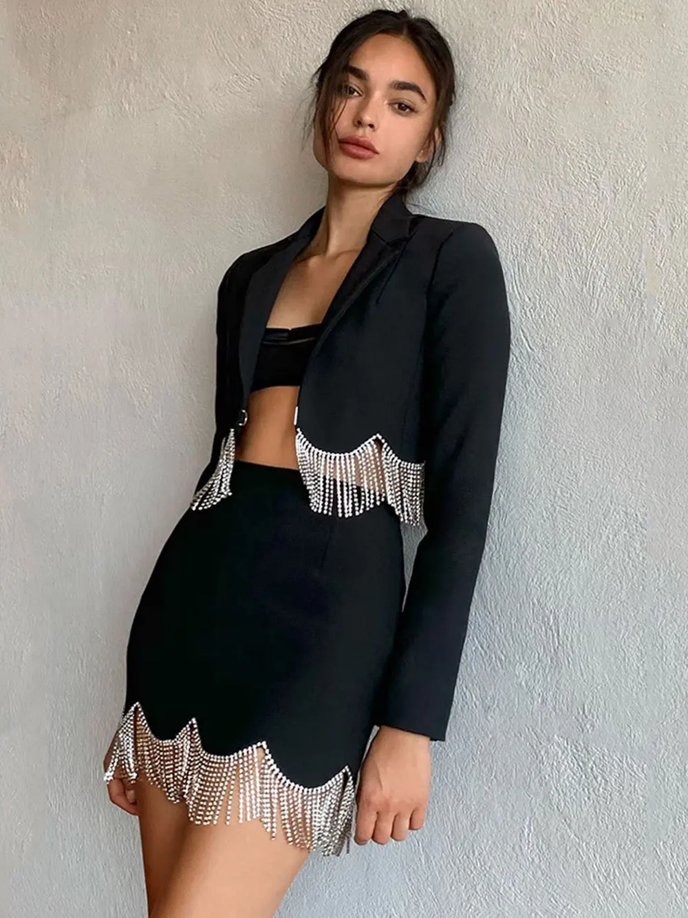 Sexy Women's Light Luxury Diamond Tassel Skirt Set with Flip Collar Long Sleeve Ultra Short Suit Coat+Mini Skirt Two Piece Set