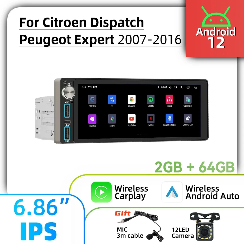 

Мультимедиа с экраном Carplay 6,86 дюйма, 1 Din, Android, автомобильное радио для Citroen Dispatch Peugeot Expert 2007-2016, головное устройство, авторадио, стерео