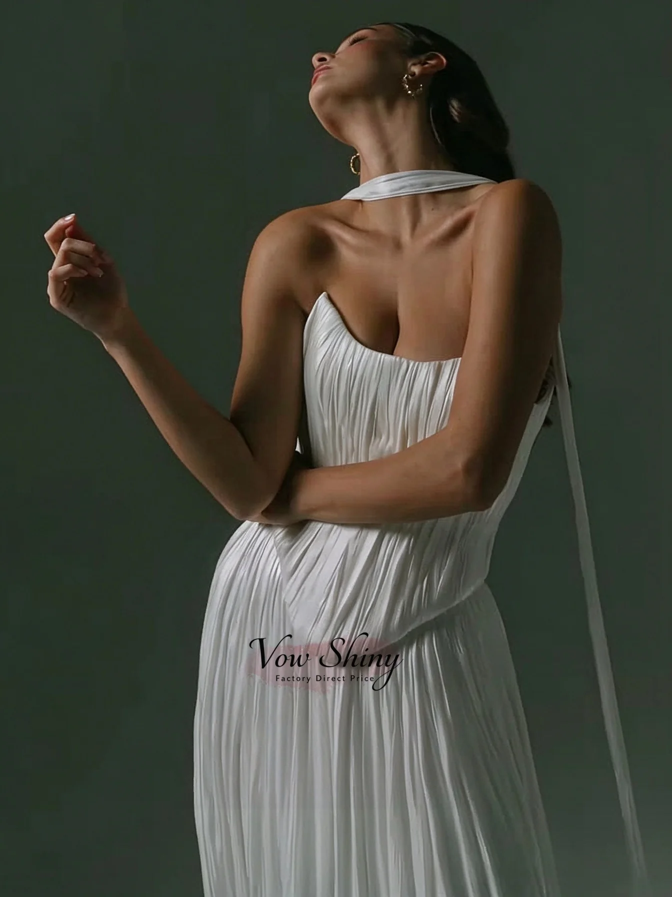 Vow Shiny Modern Wedding Dresses Pleated Satin Bridal Gown Corset Back A Line Floor-Length Bridal Party Dress With Scarf