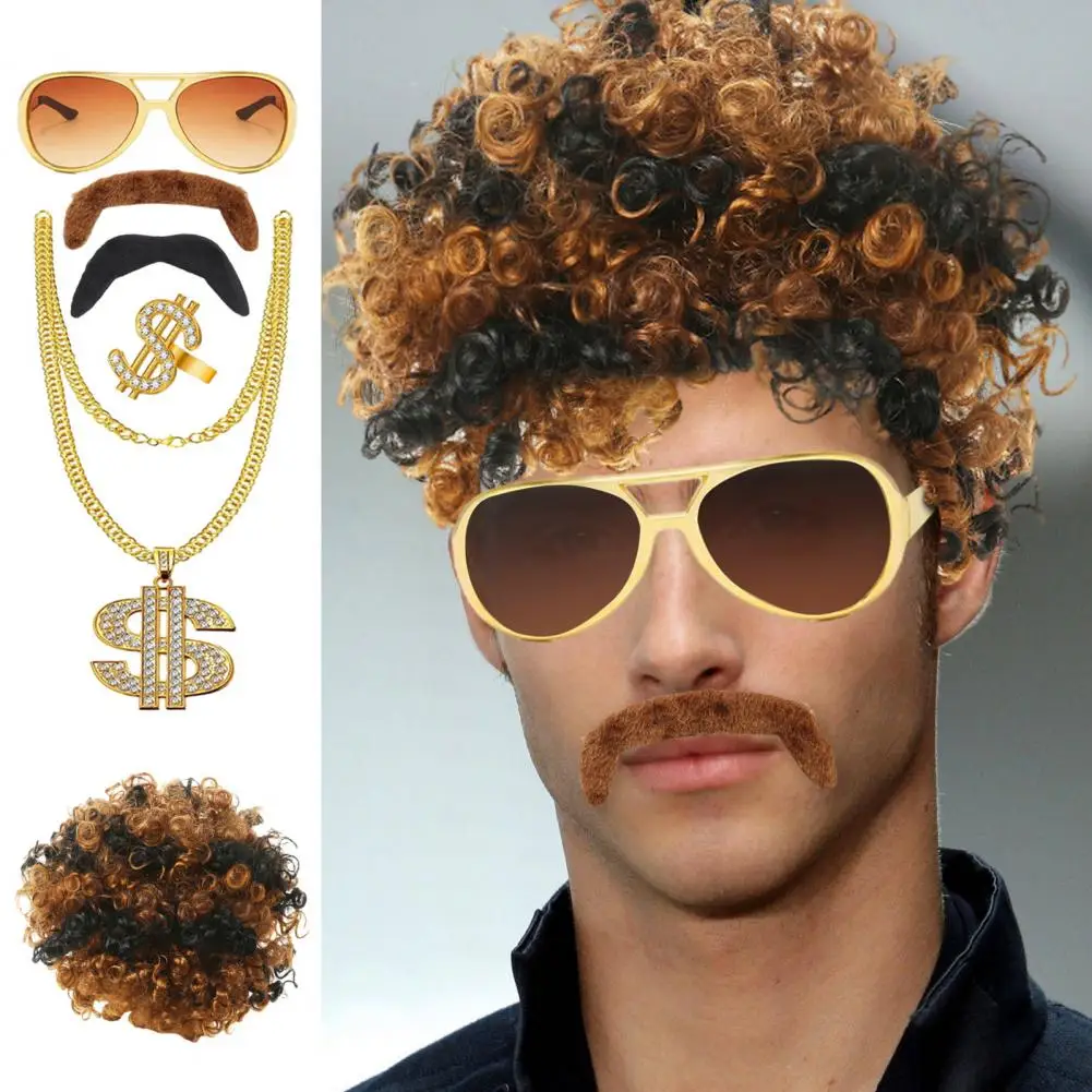 Wig Dress Up Set Necklace Ring Sunglasses Fake Moustache Vintage 80s Cosplay Party Disco Costume Photo Prop Performance Curly Wi