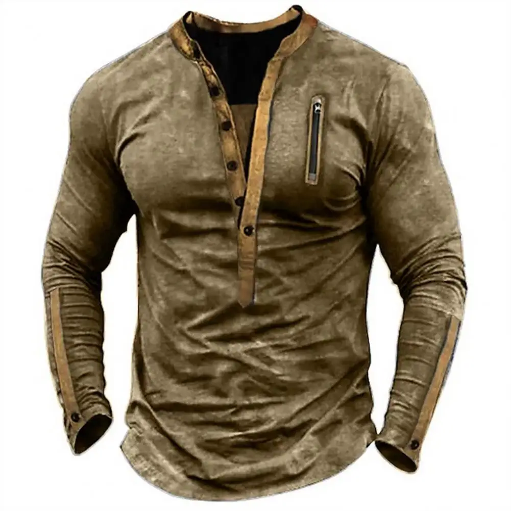 Retro Style Men Top Vintage Color Matching Half Zipper Decor Soft Pullover V Neck Men's T-shirt Stylish Fall/spring Mid-length