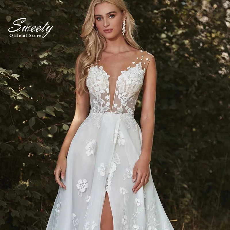 Robe De Mariée Simple en mousseline De soie, longueur au sol, col en v, sans manches, fente latérale, ligne A, boutons