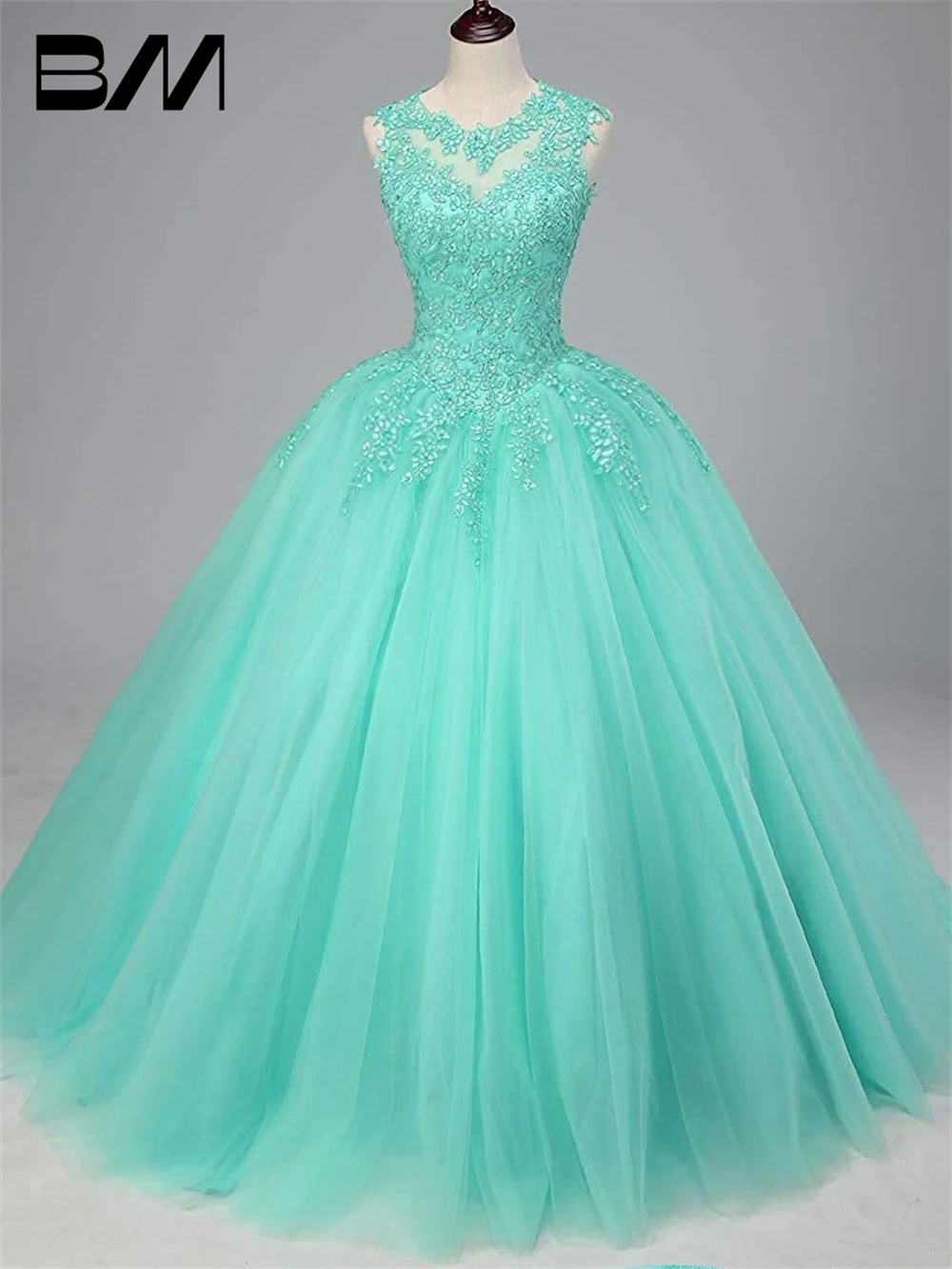 Women's Sleeveless Beaded Lace Quinceanera Dresses Sweet 16 Puffy Tulle Prom Ball Gown