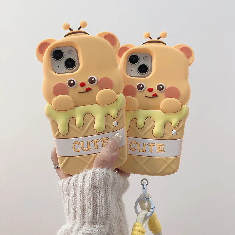3D Butter Bear Ice Cream Suitable For iPhone16 15 Pro Max 14 Phone Case 13 Silicone 11 12 Pro Protective Case