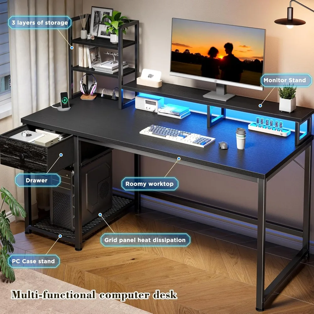 Mesa de computador de 44 polegadas com gaiola e gavetas, mesa de jogos reversível com prateleira para monitor, mesas de escritório doméstico com tomada USB